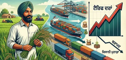 Image depicting Indian farmers and the US flag, representing tariff rates and economic crisis.