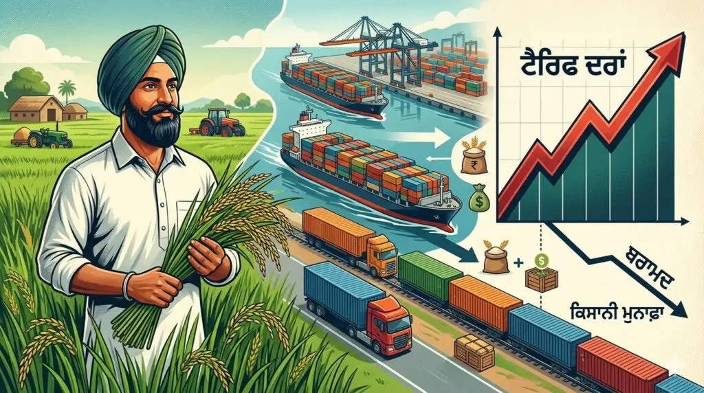 Image depicting Indian farmers and the US flag, representing tariff rates and economic crisis.